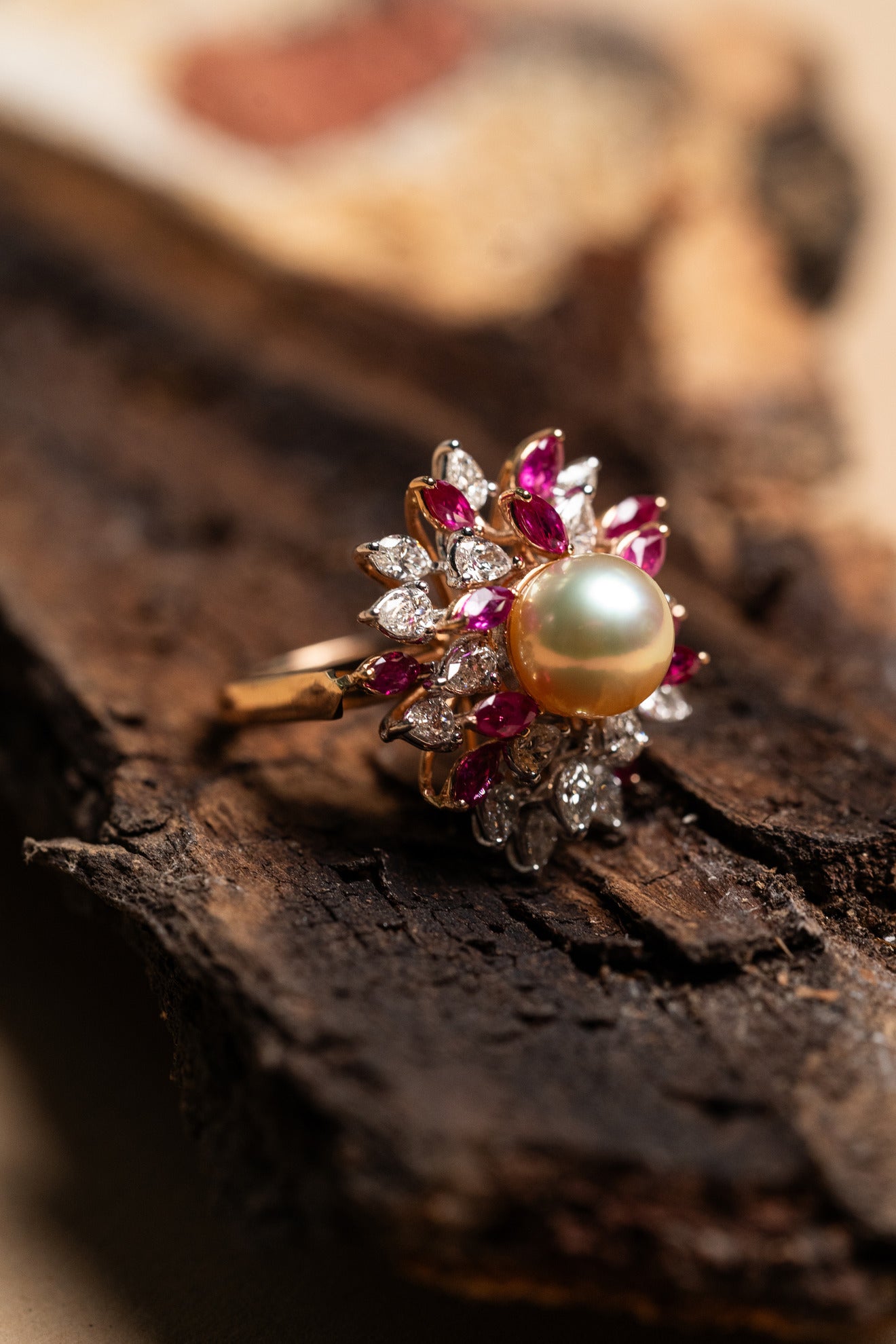 Marquise diamond and ruby pearl ring
